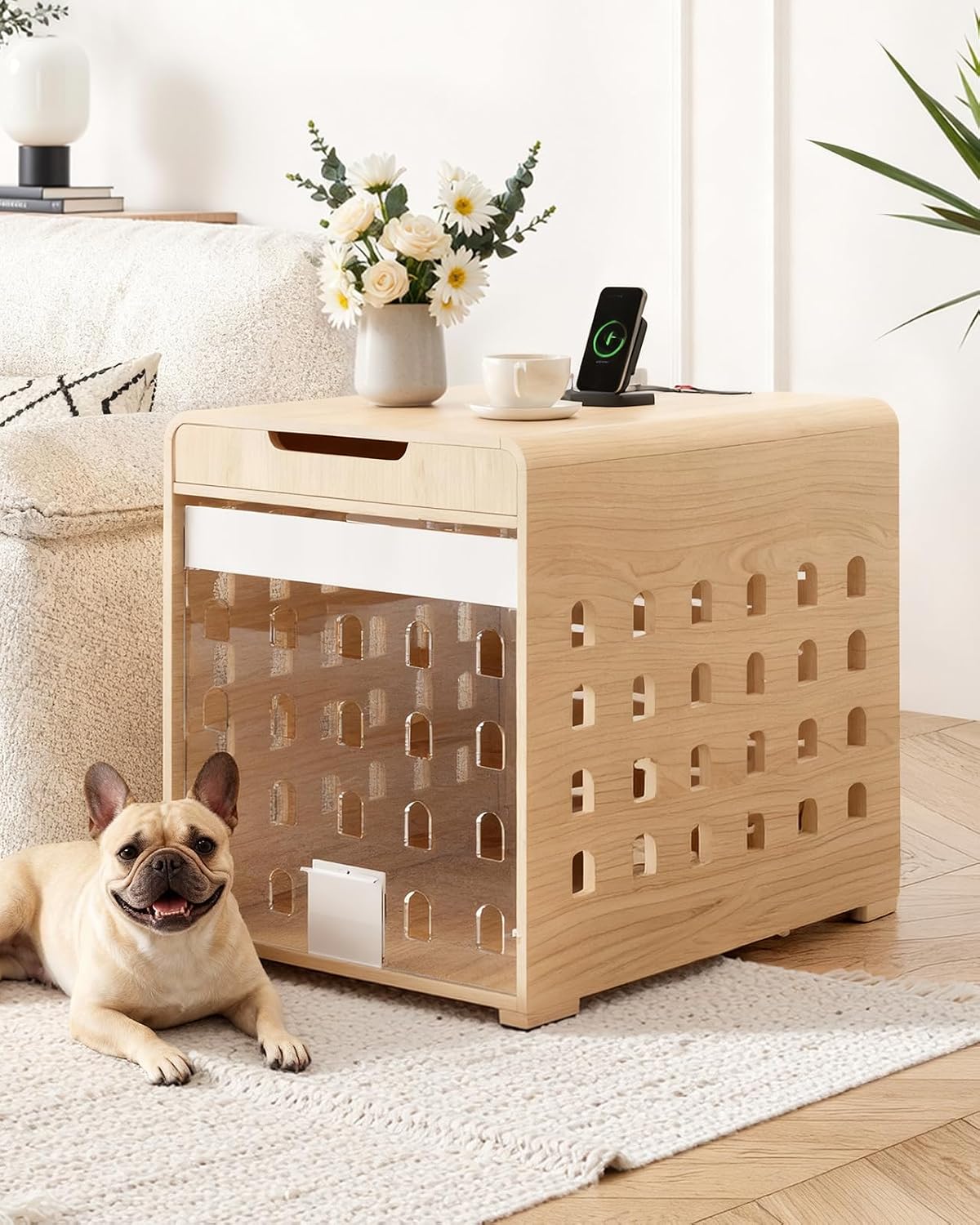Oak wooden dog crate end table with charging station and acrylic door