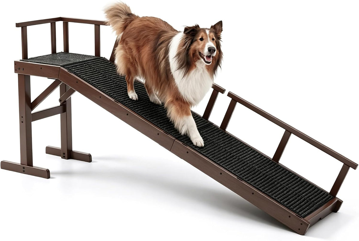 Walnut wooden dog ramp with top platform and side rail leading to a bed