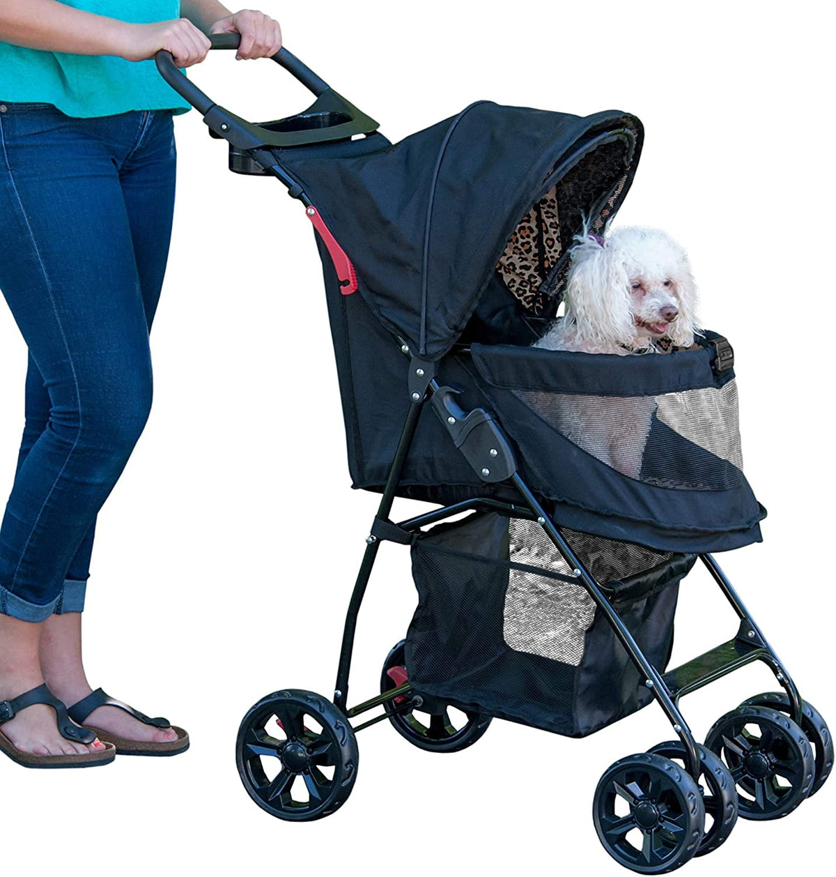 Animal print lightweight pet stroller with latch entry