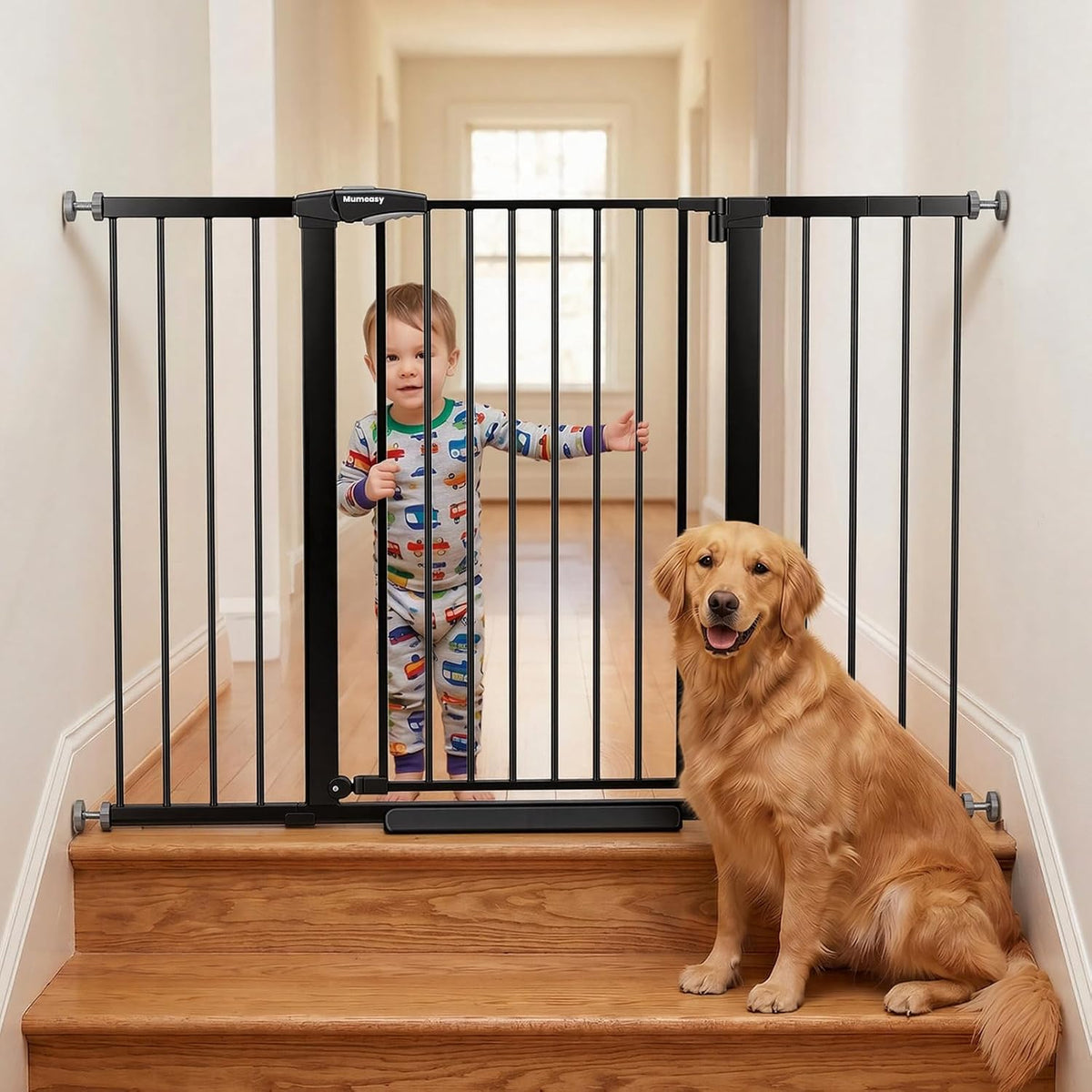 Extra tall black walk-through pet gate with double-lock latch at top of stairs