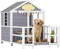 Wooden outdoor dog house with porch and windows