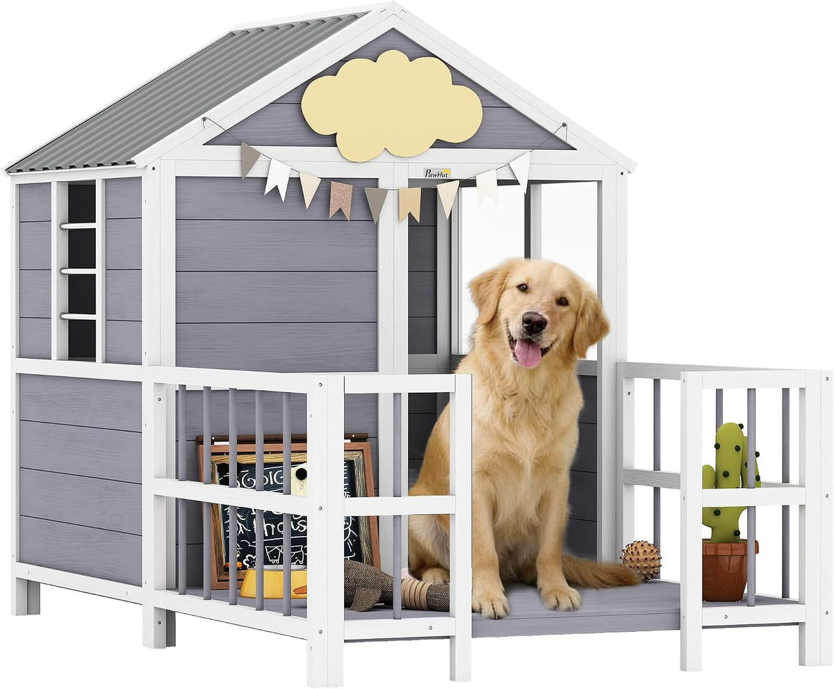 Wooden outdoor dog house with porch and windows