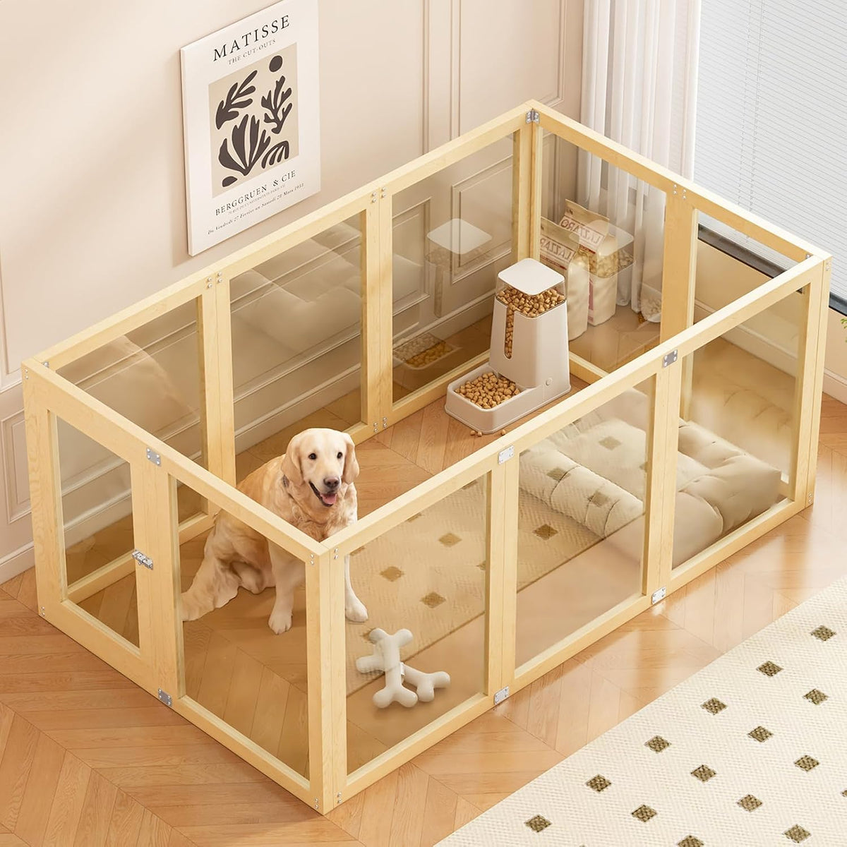 Clear acrylic playpen with natural wood frame arranged in a square