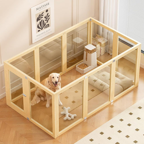 Clear acrylic playpen with natural wood frame arranged in a square