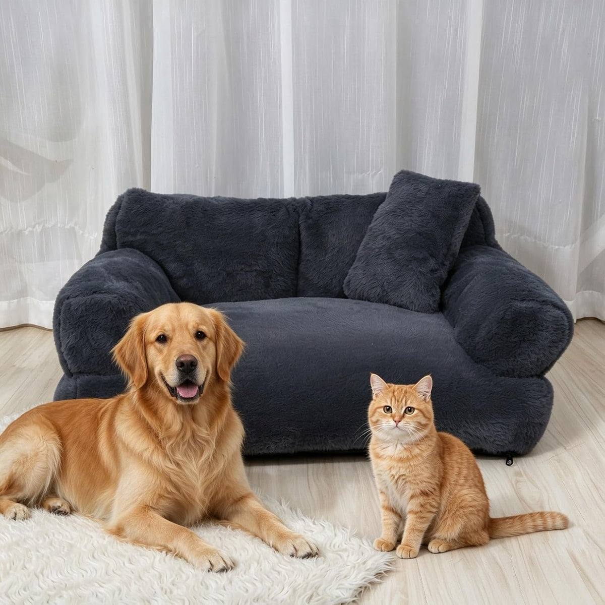 Khaki fluffy plush dog couch bed with raised rim – view 3