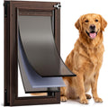 Aluminum dog door with walnut wood grain frame and insulated flaps