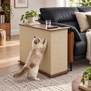 Cat Scratcher Side Table, Sofa End Table with Storage and Locking Wheels