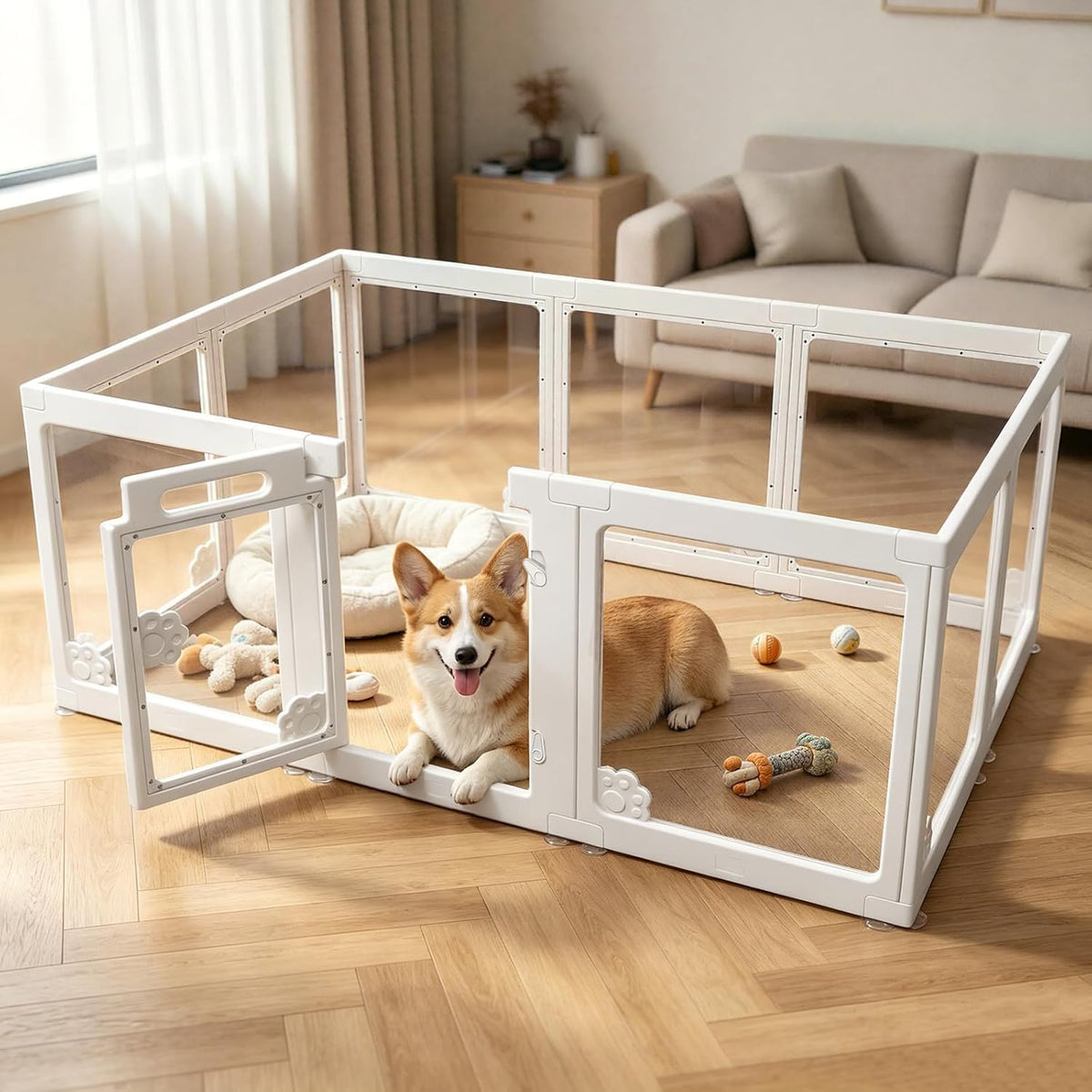 Clear acrylic pet playpen with white frames and door in a bright room