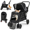 Black folding pet stroller wagon with low entry ramp and all-terrain wheels