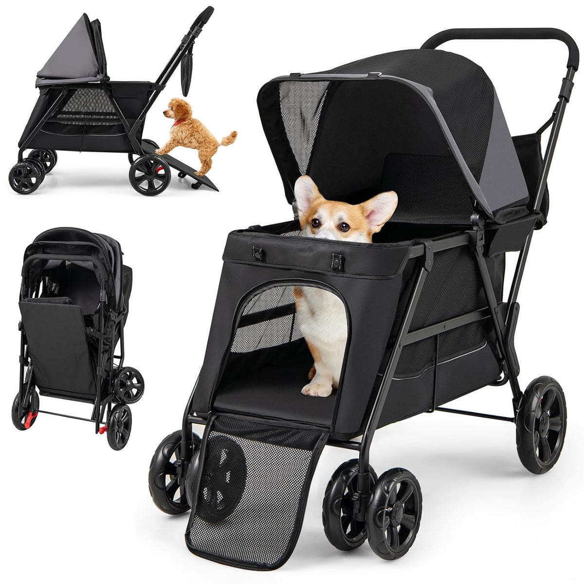 Black folding pet stroller wagon with low entry ramp and all-terrain wheels