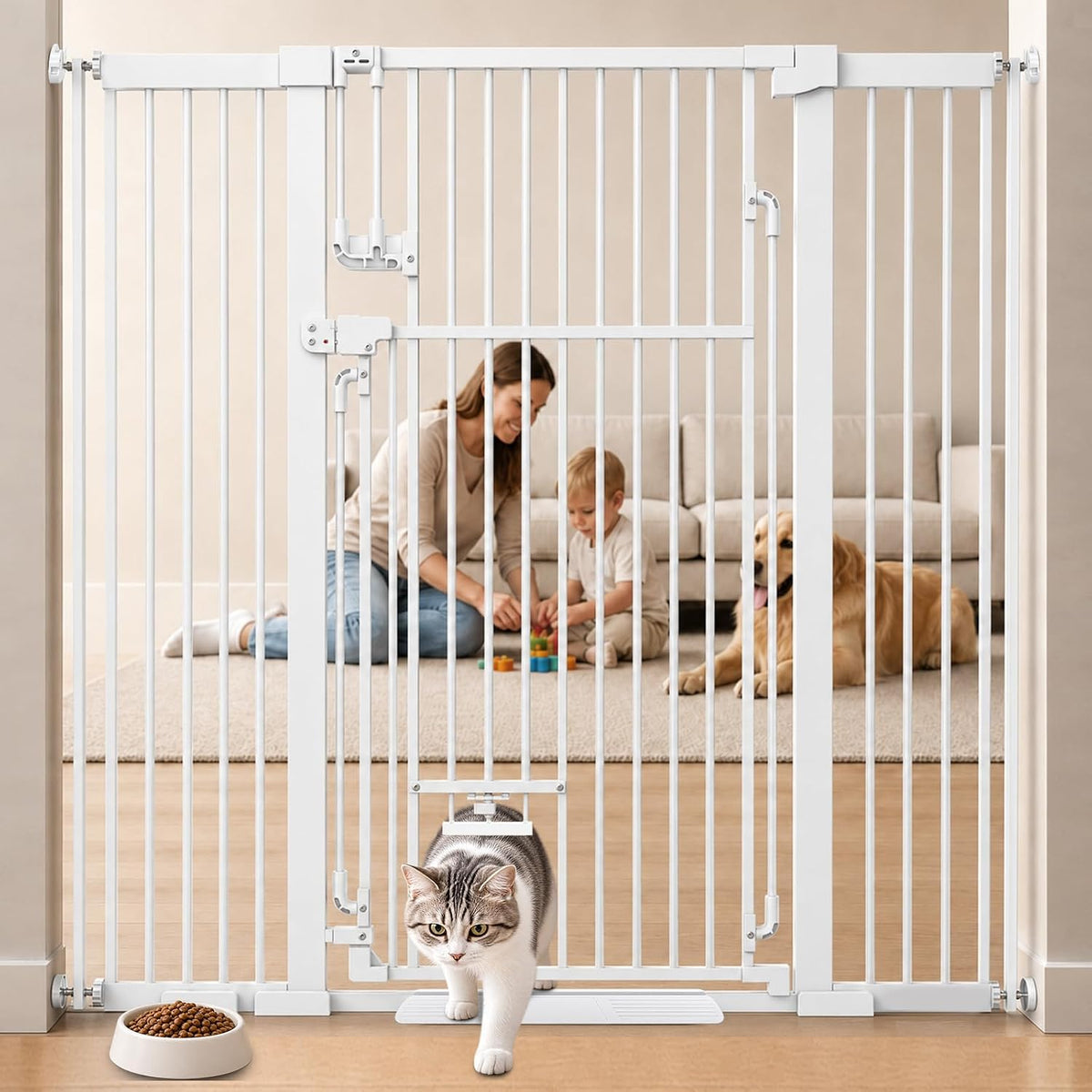 White extra tall pet gate with small cat door in a hallway