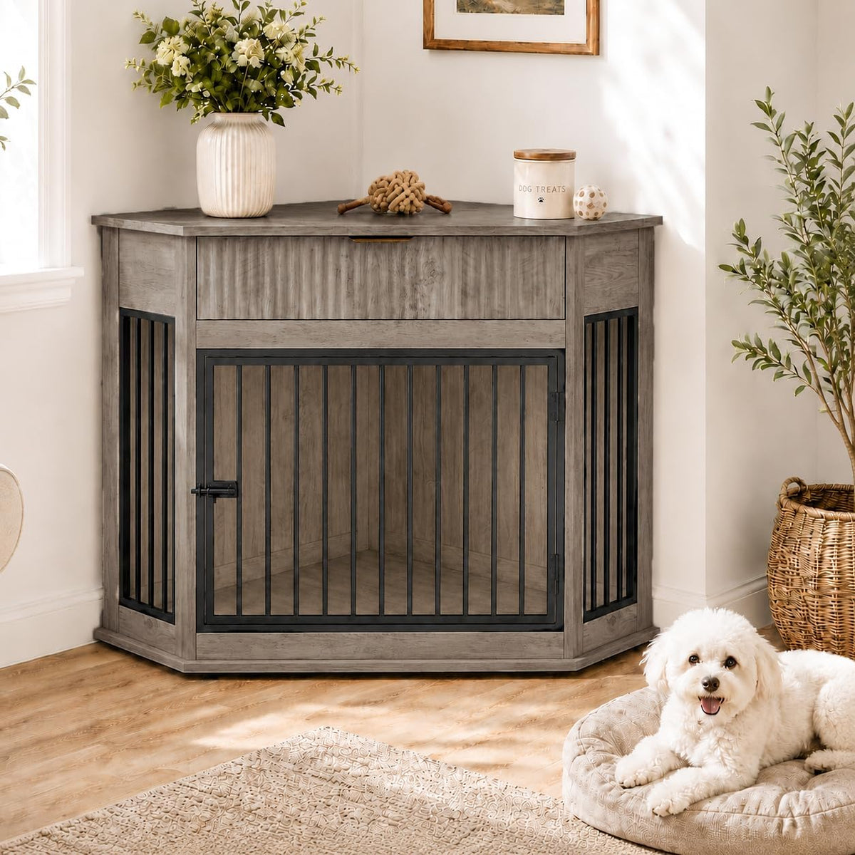 White wooden corner dog crate furniture with steel bars and fluted storage drawer – view 2