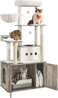 Heather greige cat tree with litter box enclosure and food station