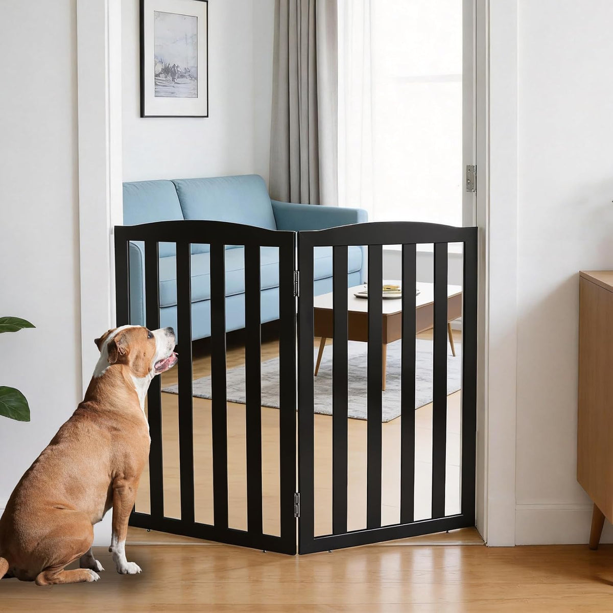 Brown six-panel foldable wooden freestanding dog gate with support feet – view 10