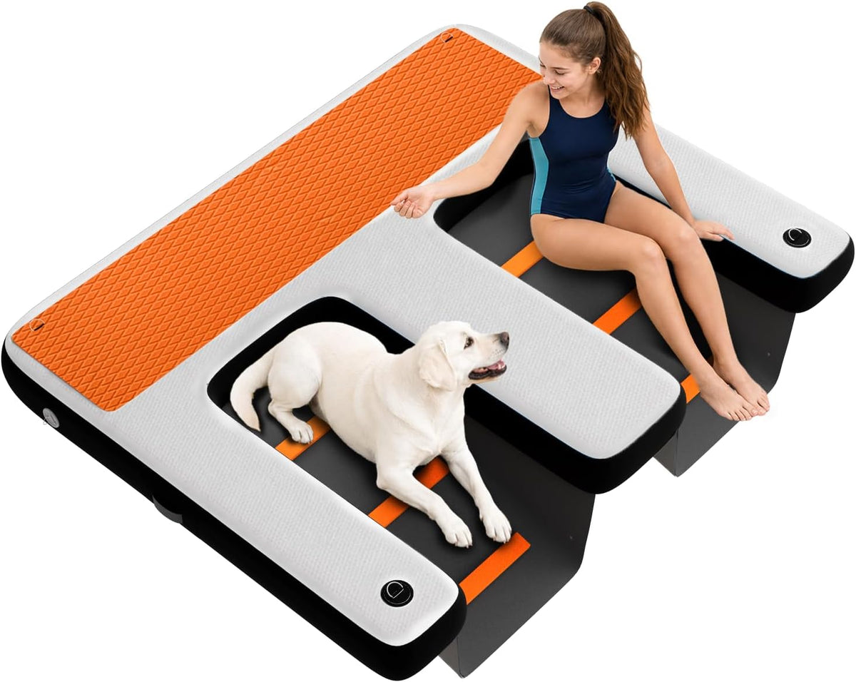 Dual-sided inflatable floating dog dock ramp with EVA platform on a lake – view 3