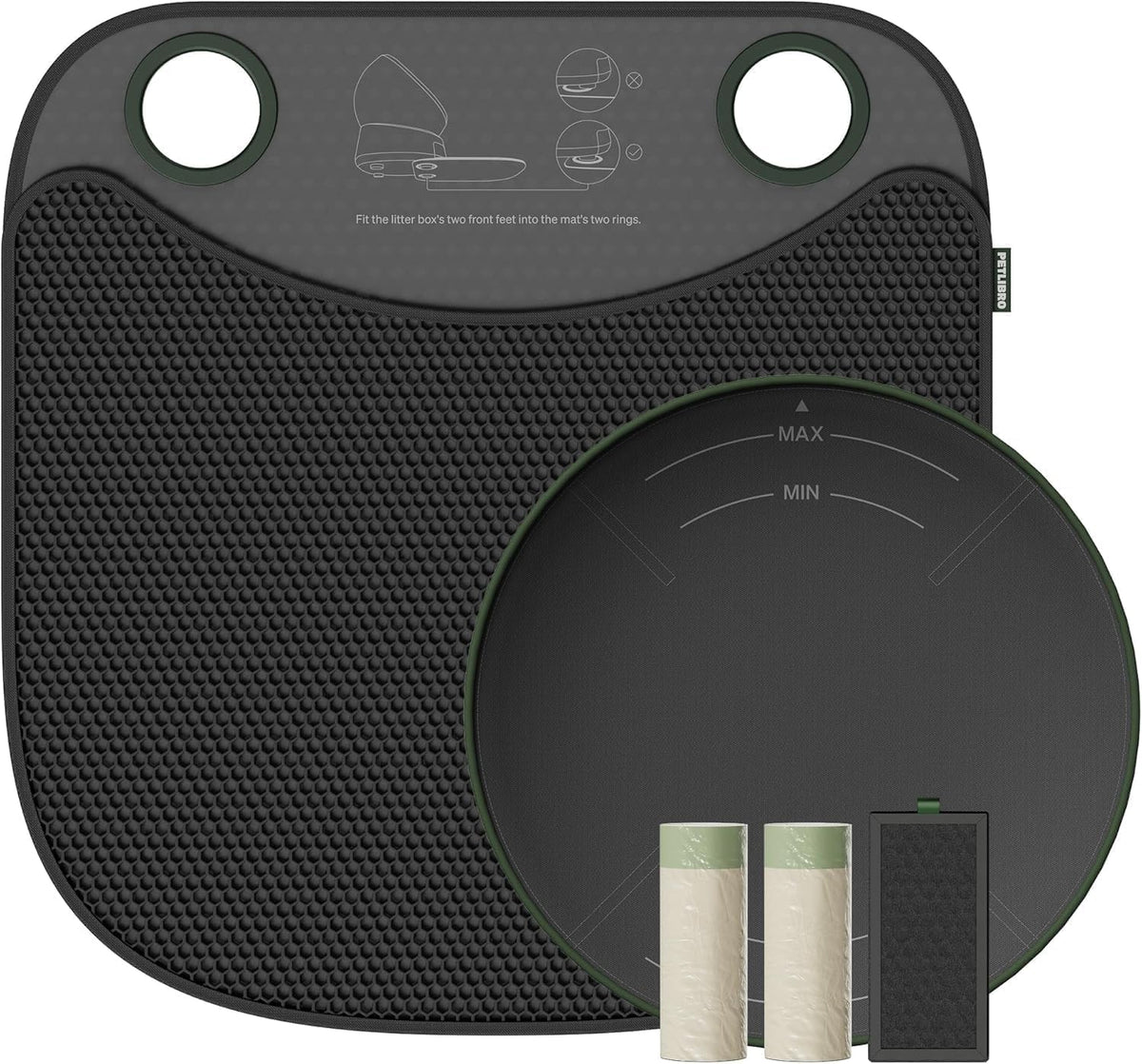 Litter box accessories set with bags, carbon filter, pad and mat