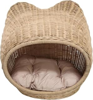Handmade Woven Rattan Cat Bed Basket with Cushion