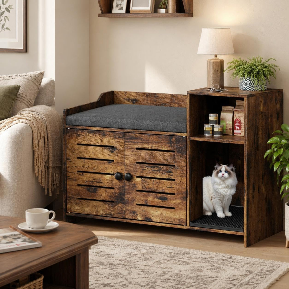Grey litter box enclosure end table with double doors and storage shelf – view 4