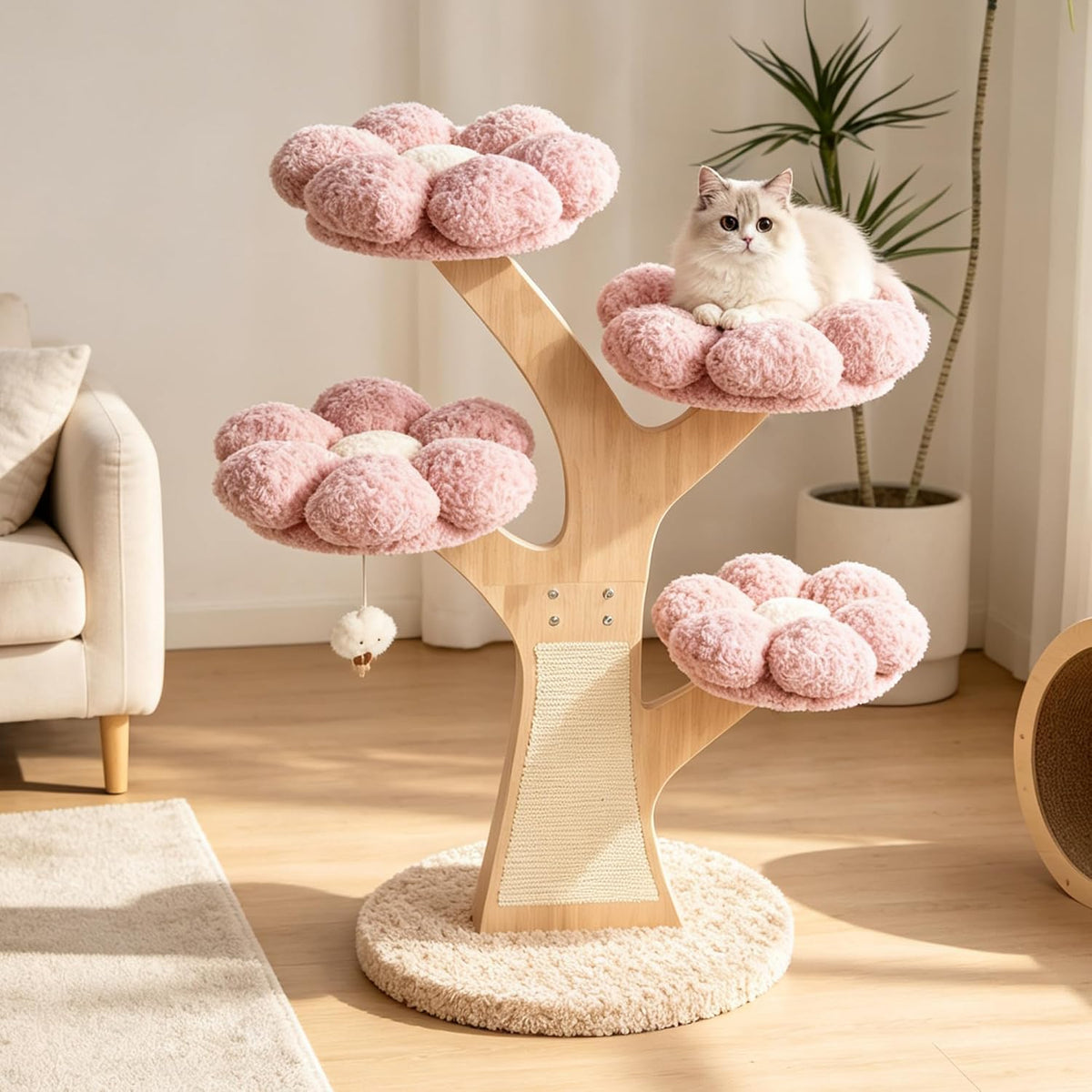 Pink 48 inch flower cat tree with wood branch and flower-shaped beds