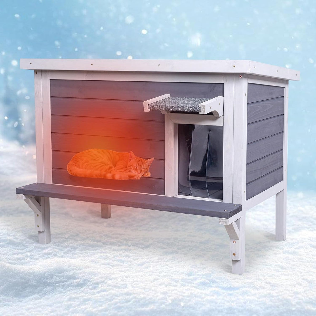 Wooden outdoor cat house with asphalt roof and PVC door flaps – view 3