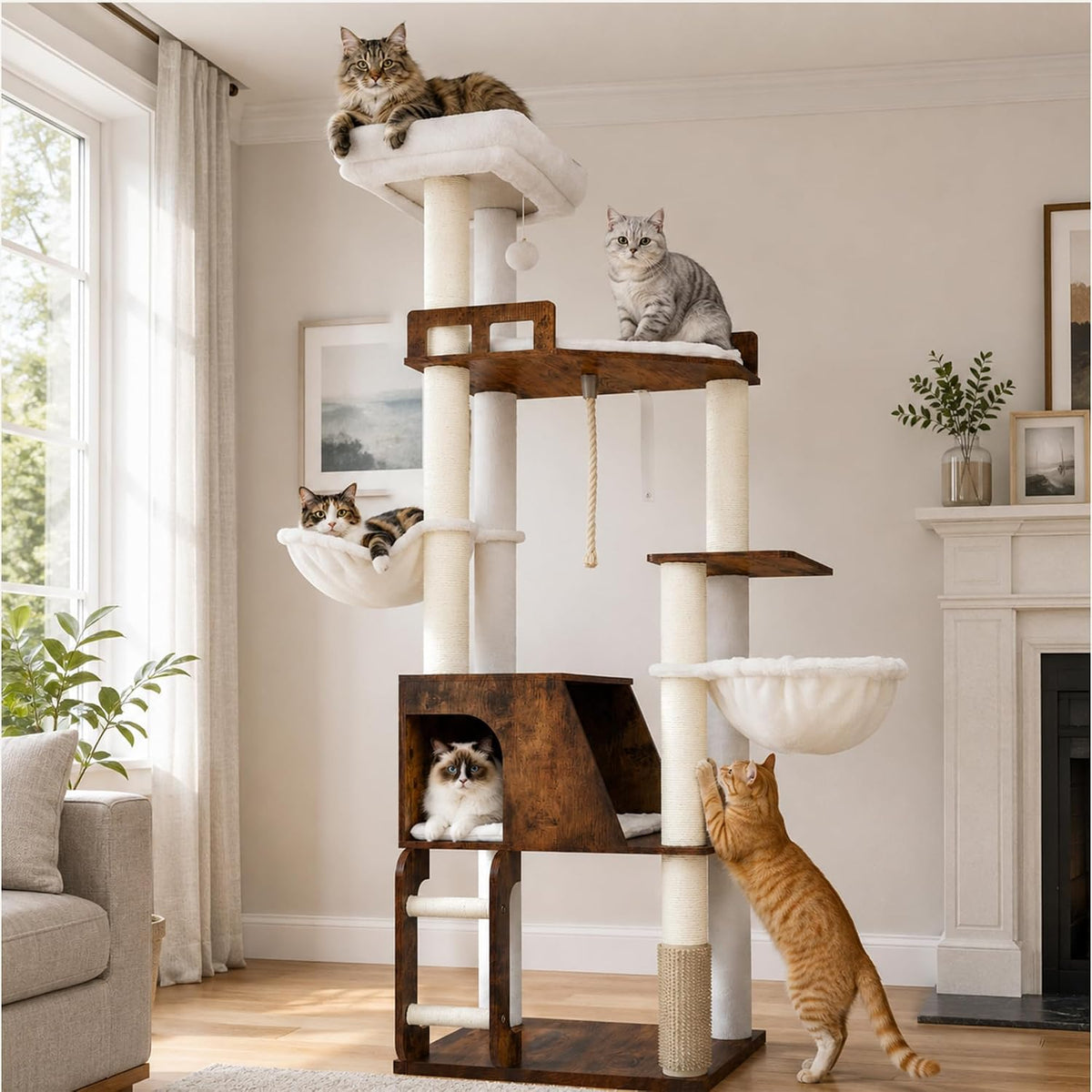 White oak 65.8 inch wooden cat tree with condos and baskets – view 2