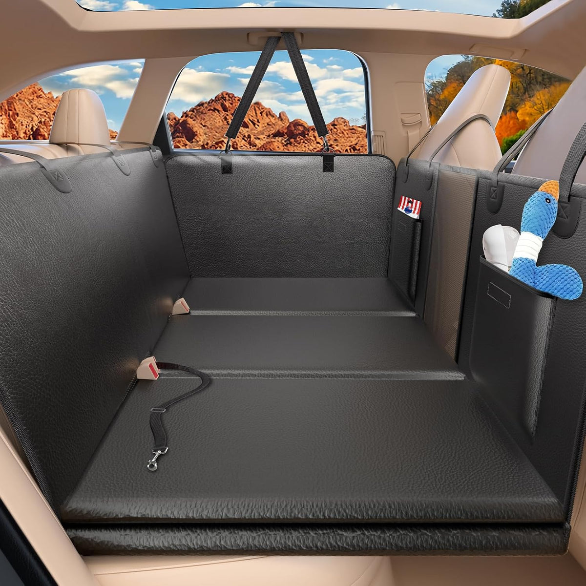 PU leather hard bottom dog seat extender with foam padding in a car