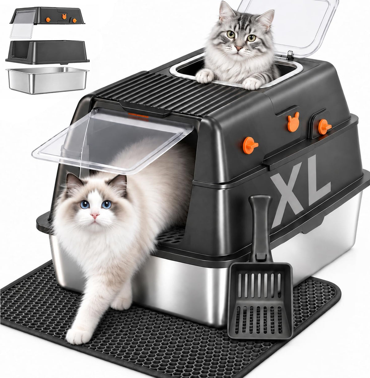 Black extra large enclosed stainless steel litter box with lid