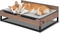 Raised wooden dog bed with metal legs and grey foam mattress – view 2