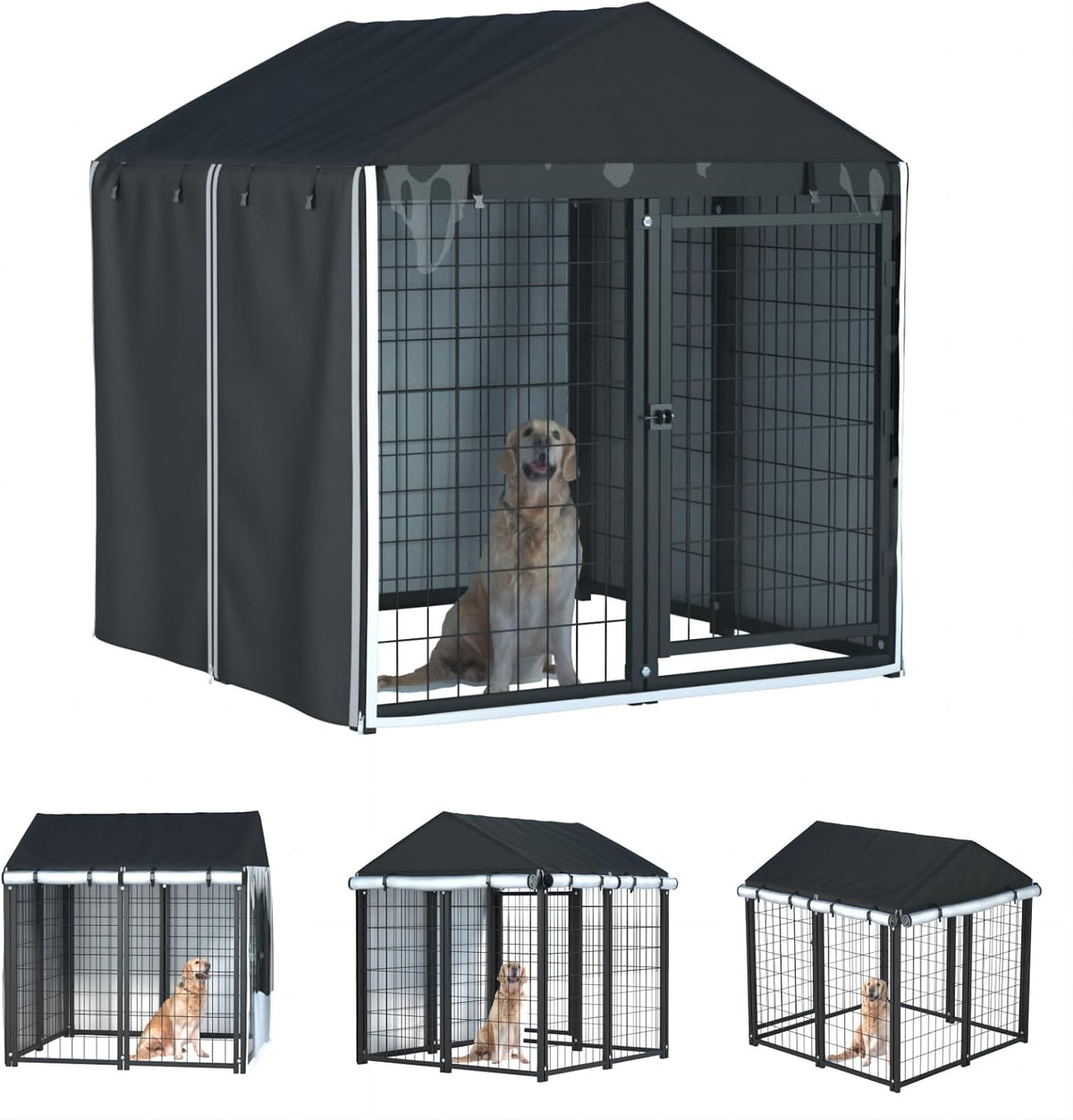 Black full coverage waterproof kennel cover with roll-up zipper panels and clear window – view 3