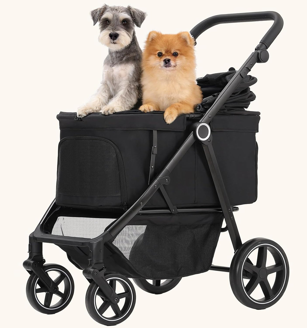 Black foldable dog stroller with canopy for medium and large dogs