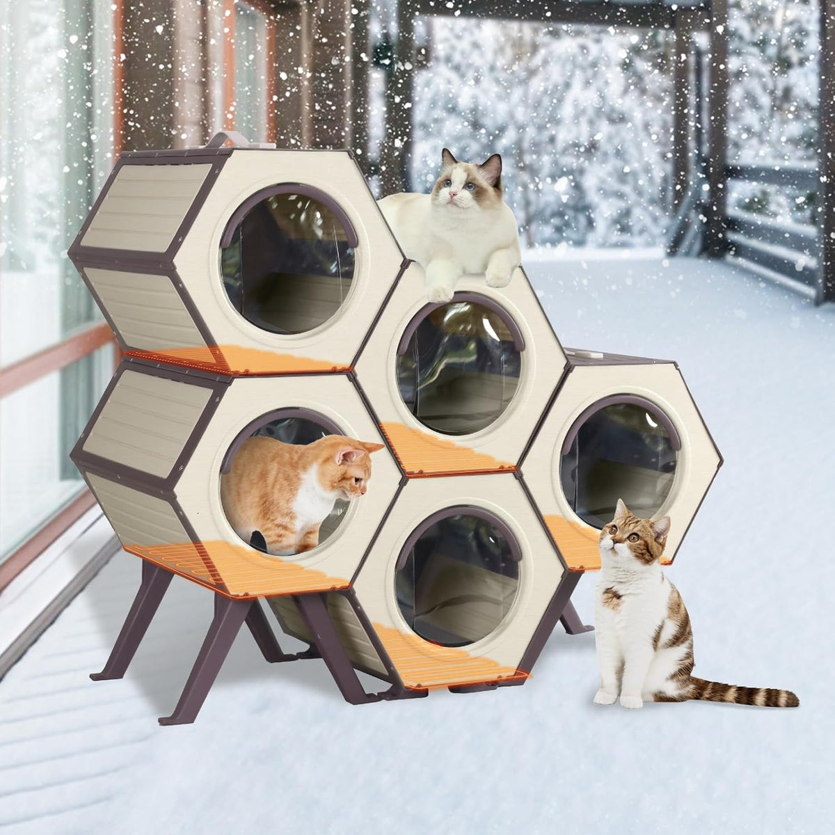 Off-white hexagonal heated outdoor cat shelter with wood-grain finish – view 3
