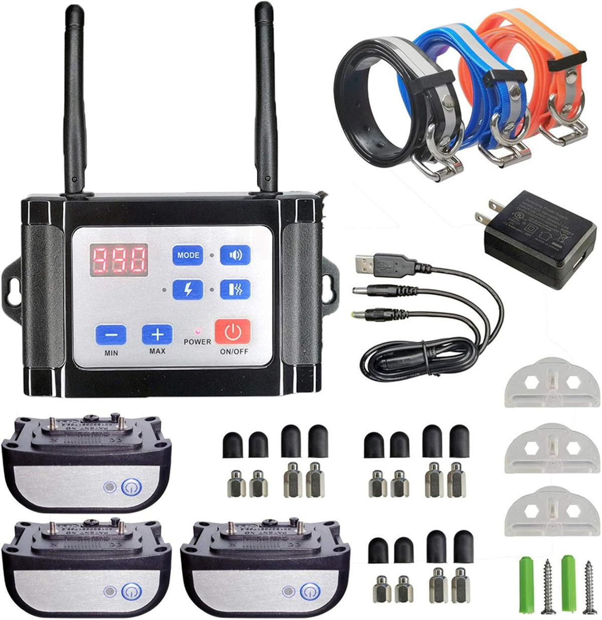 Wireless dog fence remote with distance display and reflective collar