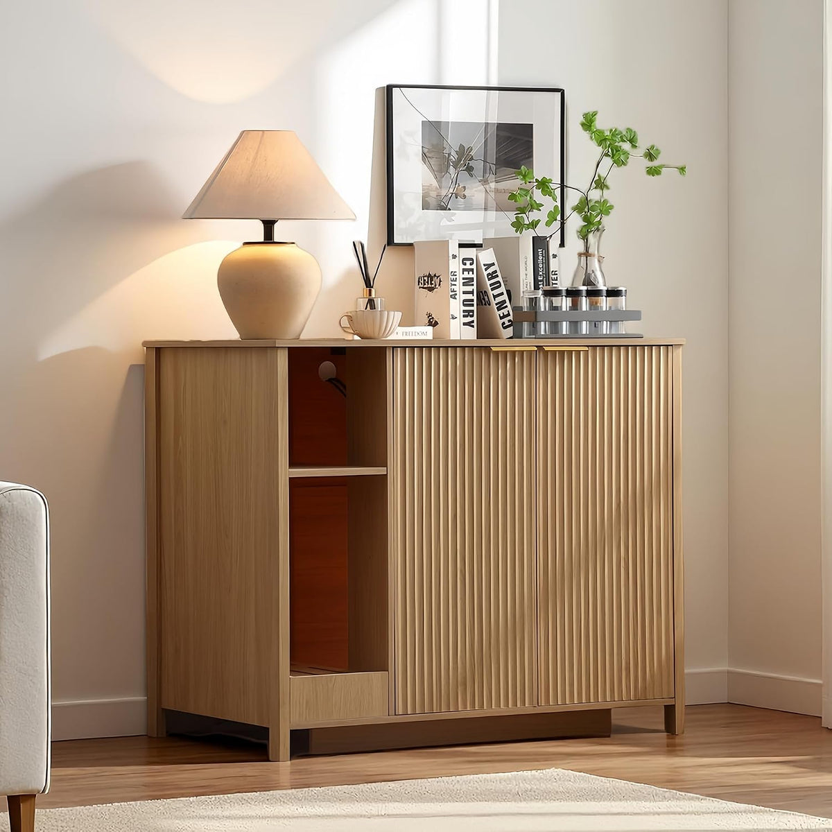 Natural wooden cat litter box enclosure with built-in power socket