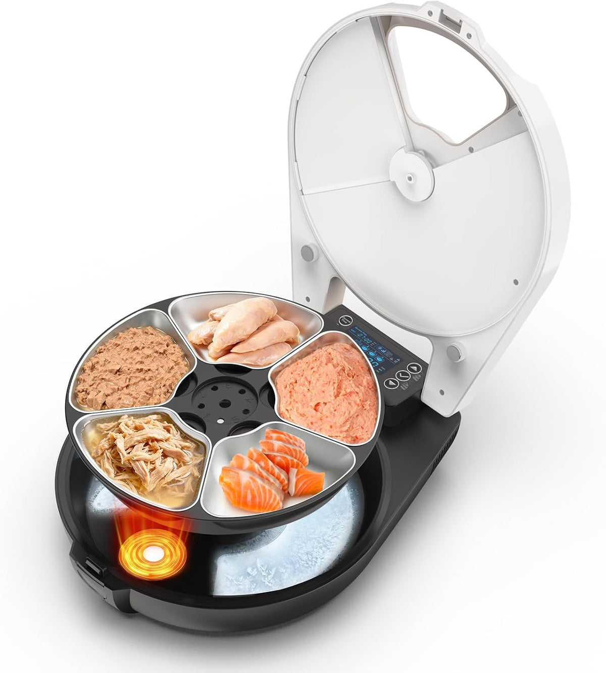 Automatic refrigerated wet food cat feeder with stainless bowl