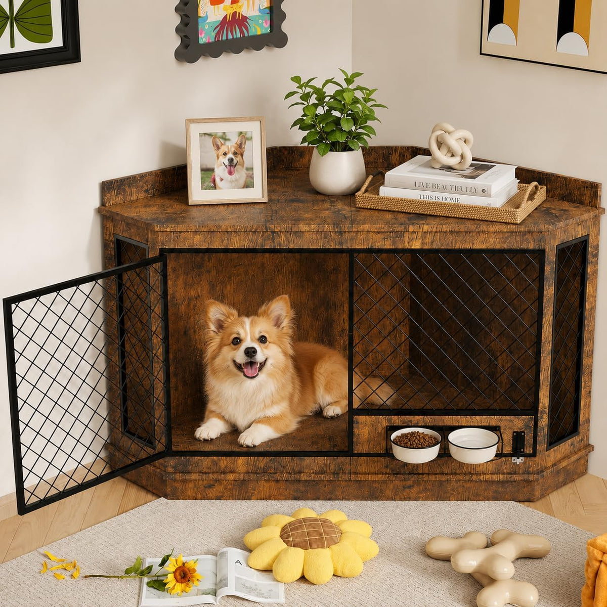 Retro brown L-shaped corner dog crate with rotating bowl station