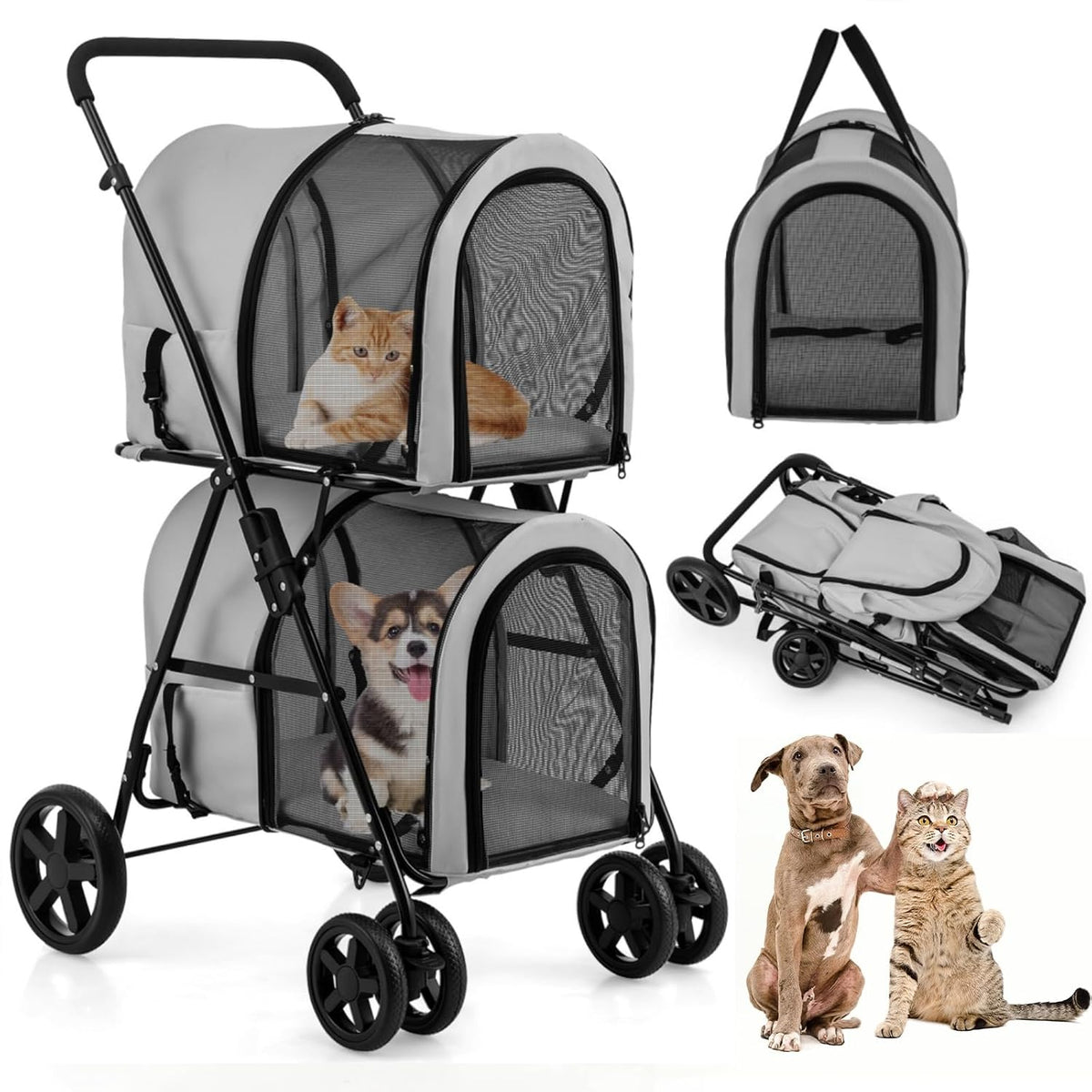 Gray dog stroller with two detachable pet carriers