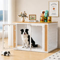 White and natural wood dog crate furniture with clear acrylic panels and cushion