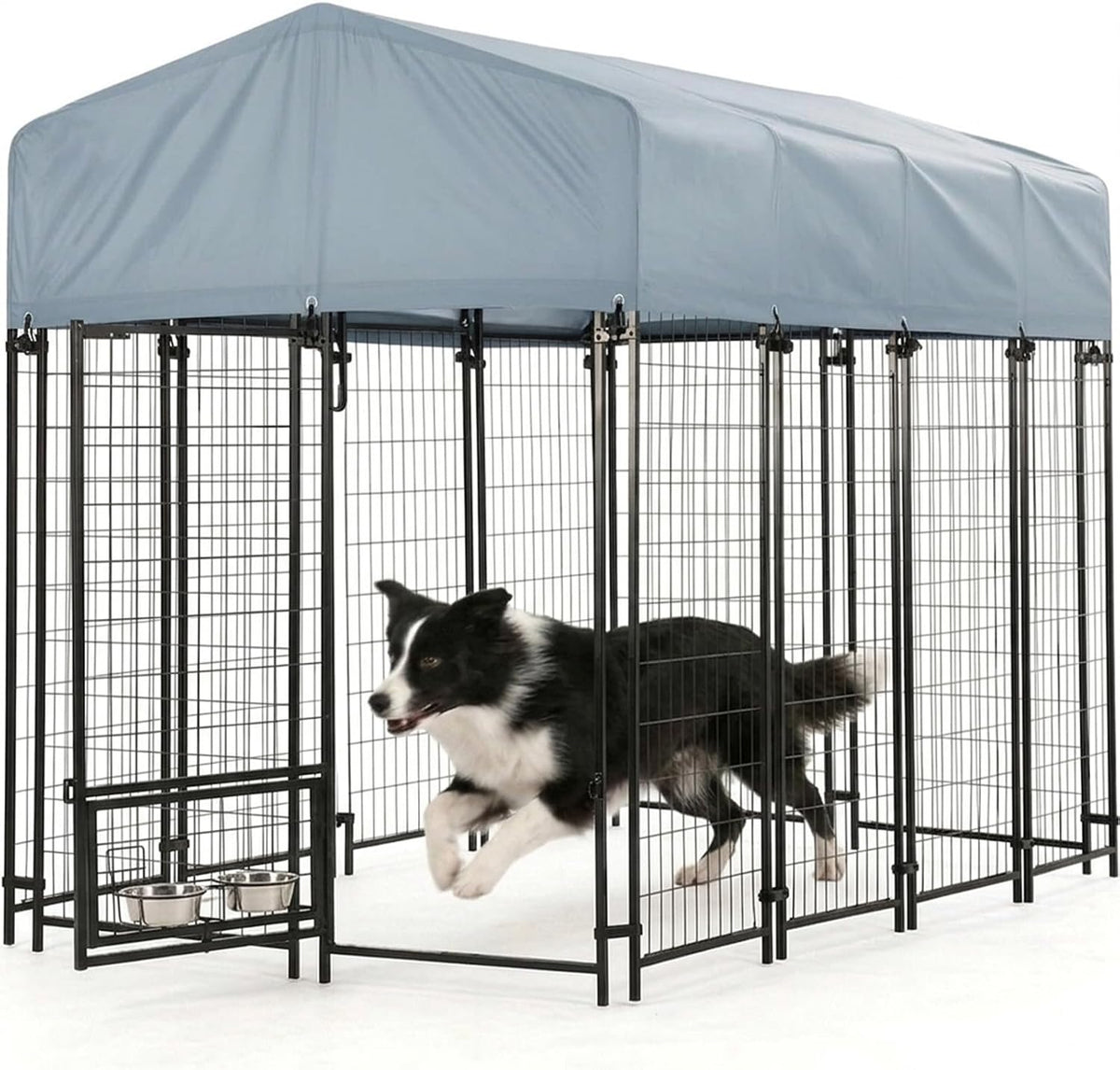 Welded steel outdoor dog kennel run with waterproof roof in a yard