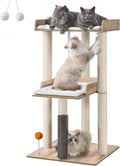 Greige modern wooden cat tree with large platform and perch