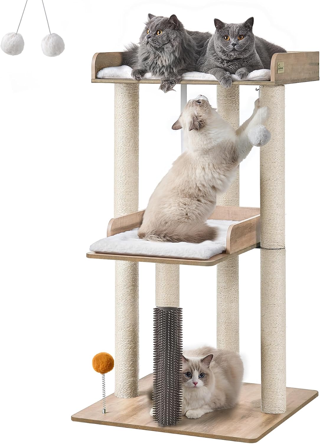 Greige modern wooden cat tree with large platform and perch