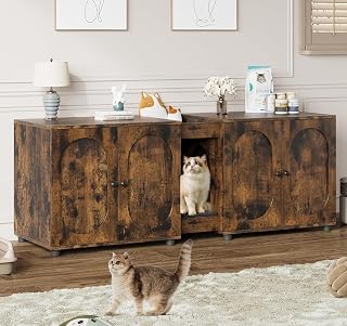 GarveeHome 55.1 Inch Large Double Cat Litter Box Enclosure for 2 Cats, Rattan Door, Storage, Brown