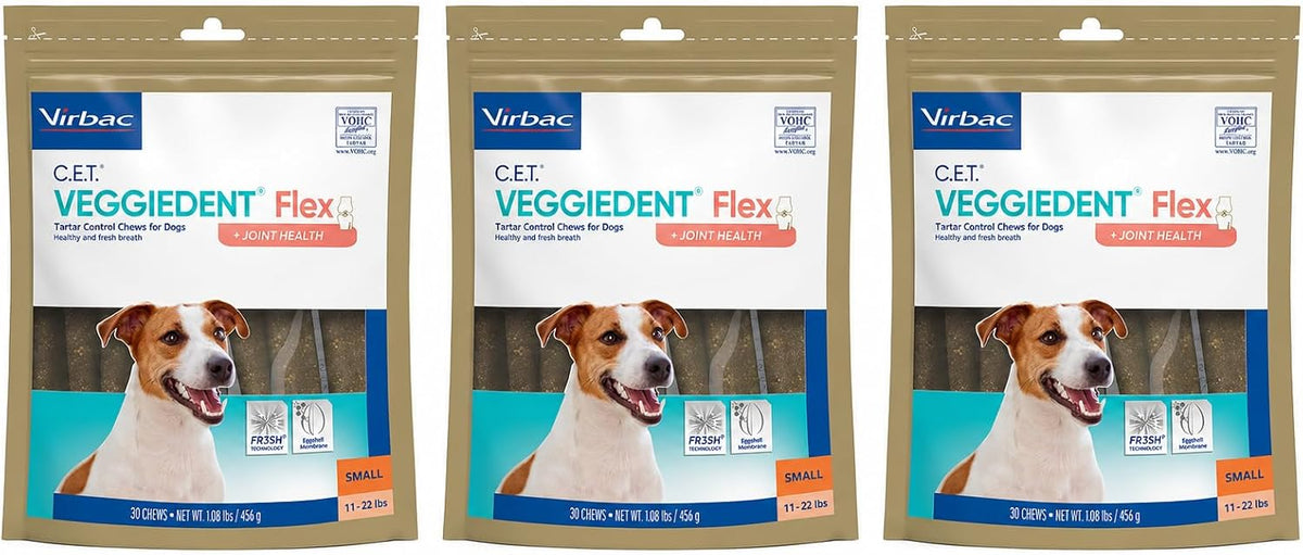 Three packages of vegetable-based dental chews for small dogs with loose chews