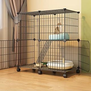2/3-Tier Wire Cat Cage with 360° Caster Wheels and Ladders, Black B, 29 x 15 x 31
