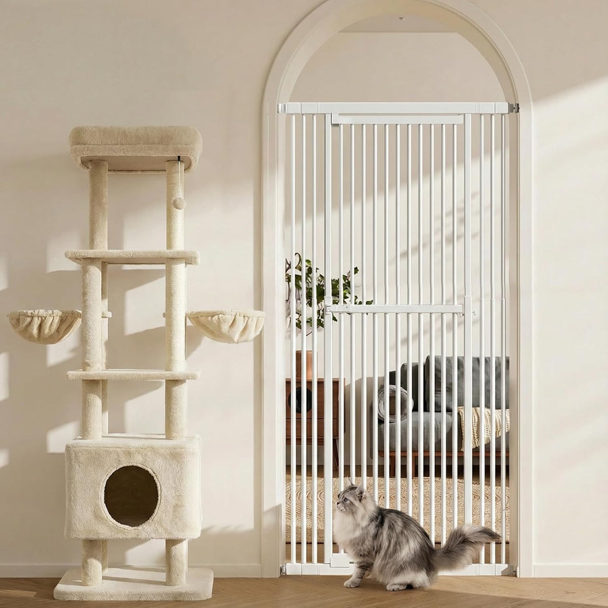 Extra-tall cat gate in a doorway beside a 65 inch cat tree