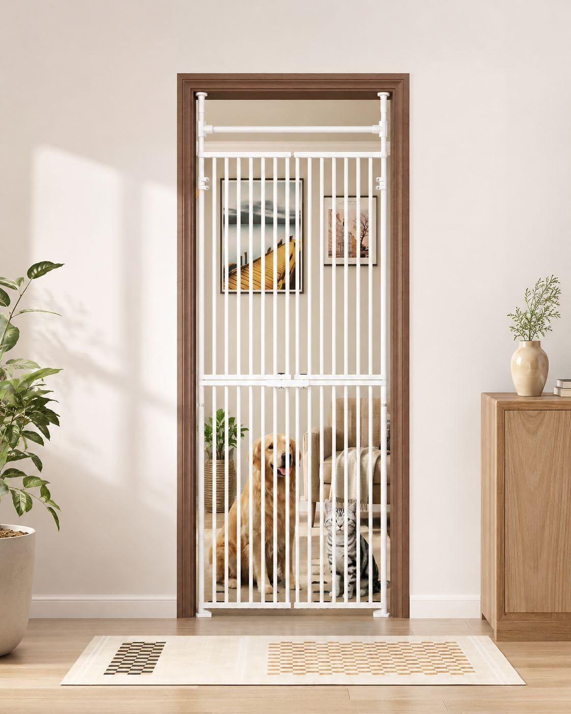 White floor to ceiling extra tall cat gate with narrow bars in a doorway