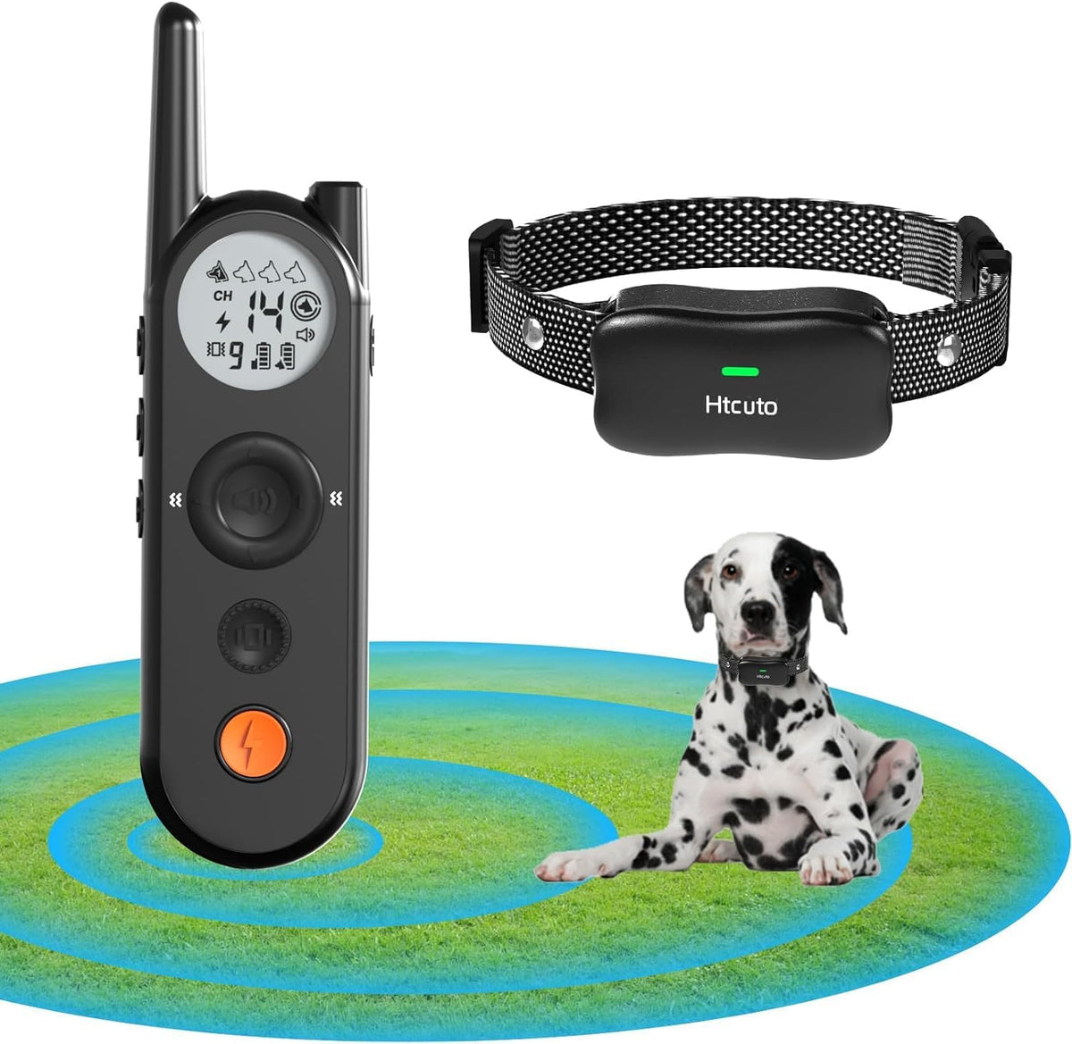 Black wireless dog fence collar with remote trainer