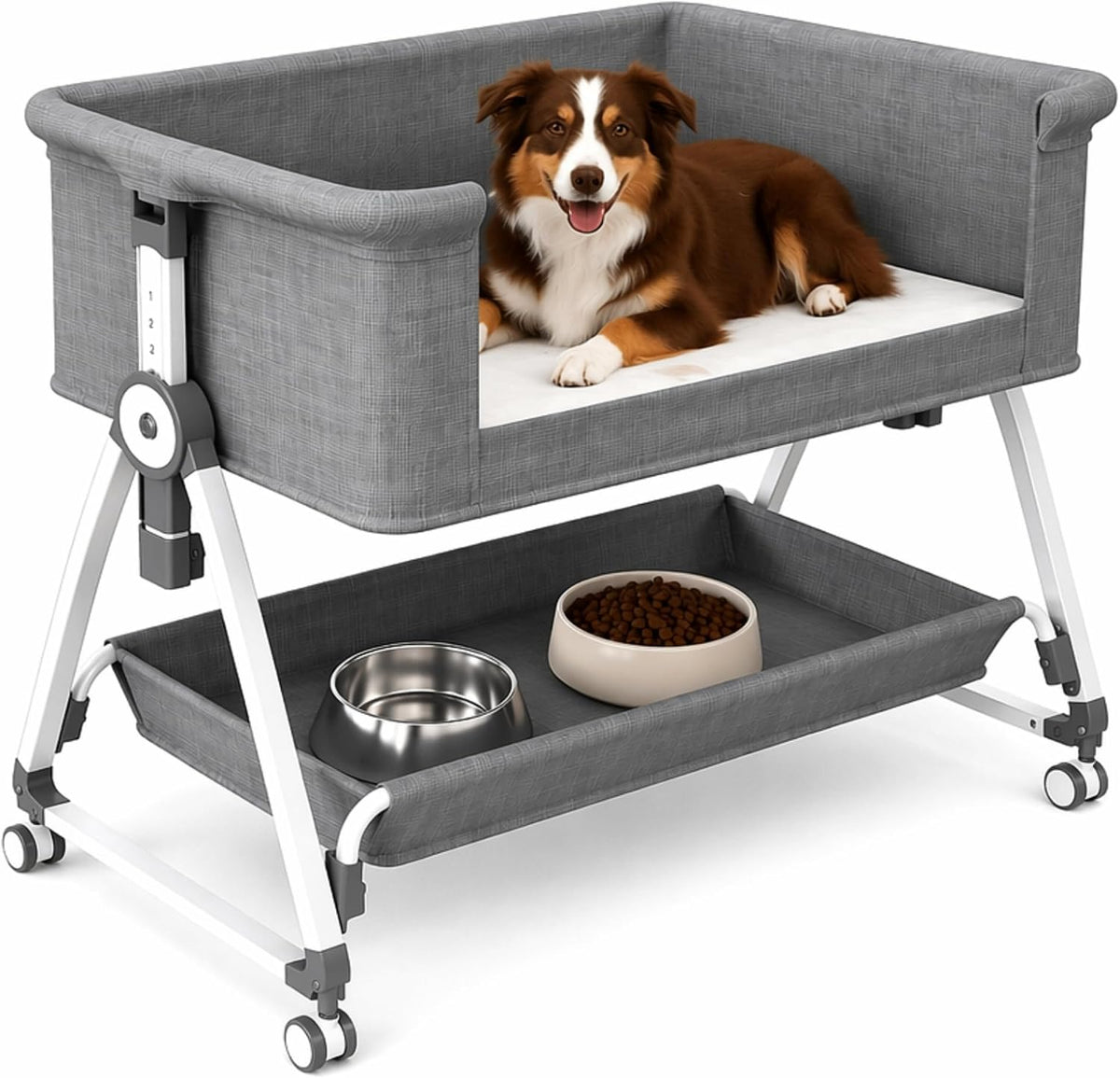 Elevated bedside pet bed extender positioned next to a human bed