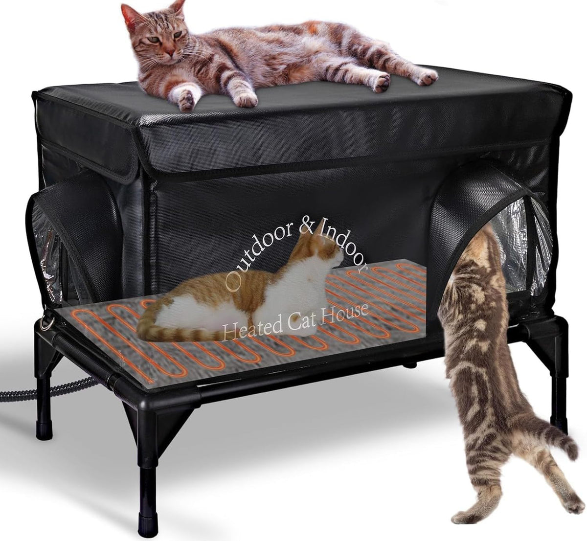Black two-story heated outdoor cat house with elevated base – view 2