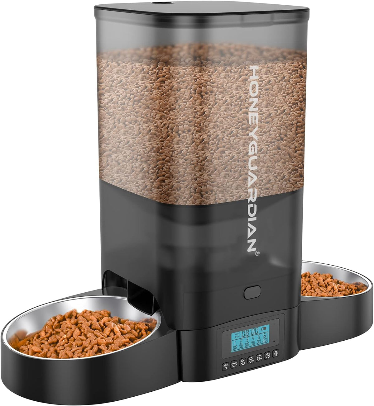 Black 5 liter automatic cat feeder with two stainless steel bowls