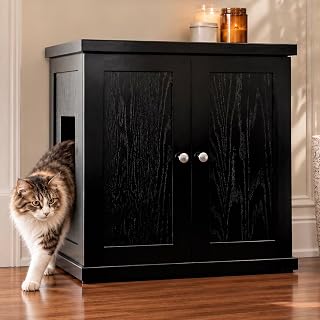 The Refined Feline Cat Litter Box Enclosure Cabinet, Modern, Black Ebony, Large